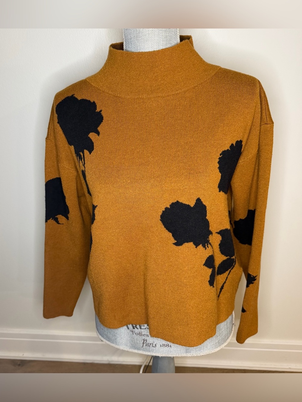 Anthropologie Maeve Mustard Floral Mock Neck boxy Sweater